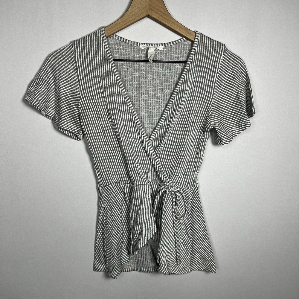 Caution To The Wind Shirt Women Sz Small Stripe Wrap Front Flutter Sleeve Blouse